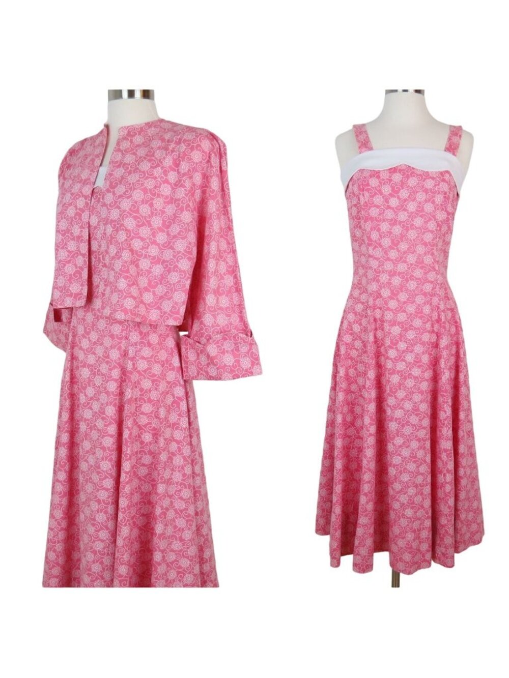 VINTAGE 40s 50s Sundress & Jacket Women's Pink White Dress Overblouse Set